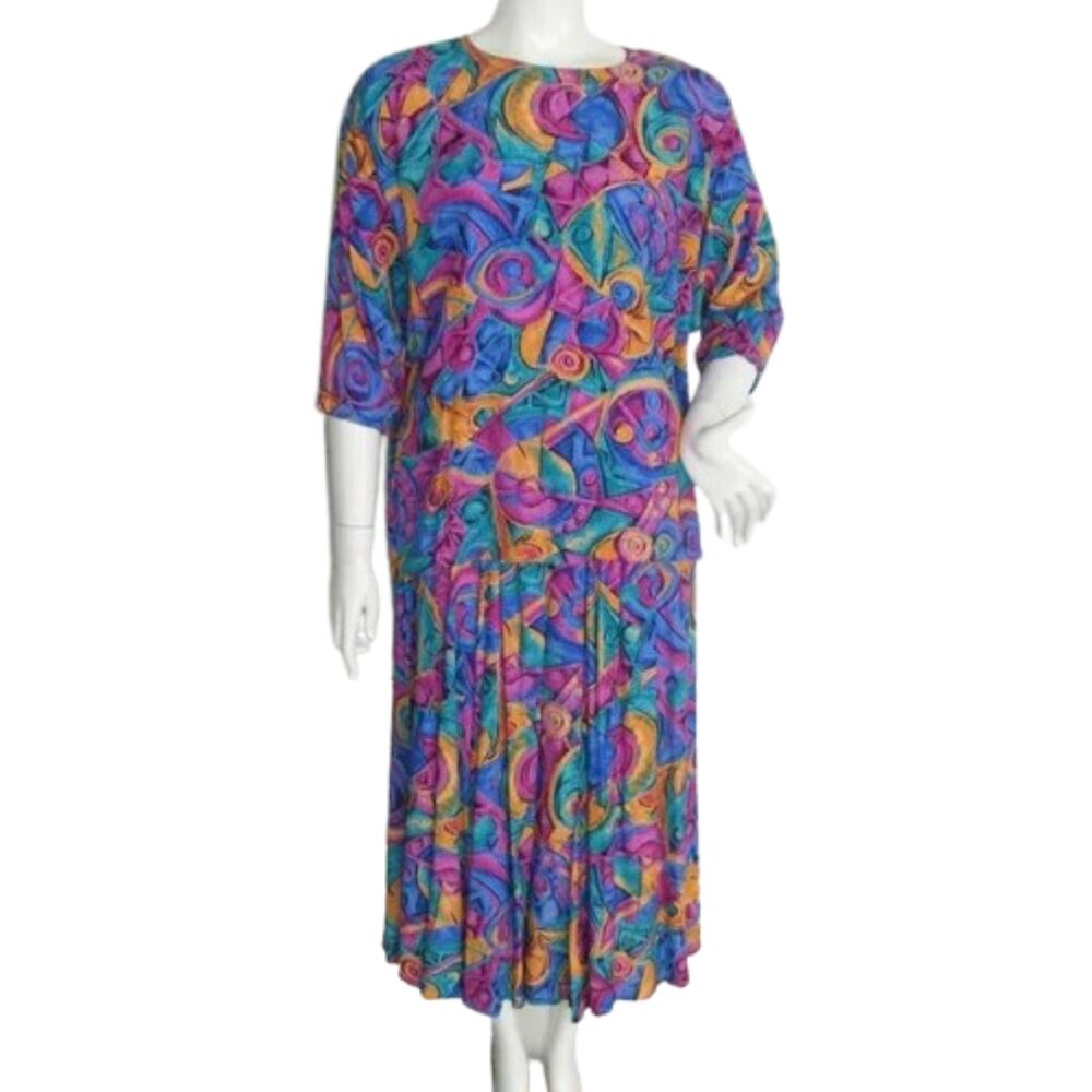 Vintage Skirt Set, OS (110-200lb), Picasso-esque Print, 2pc, Top/Skirt